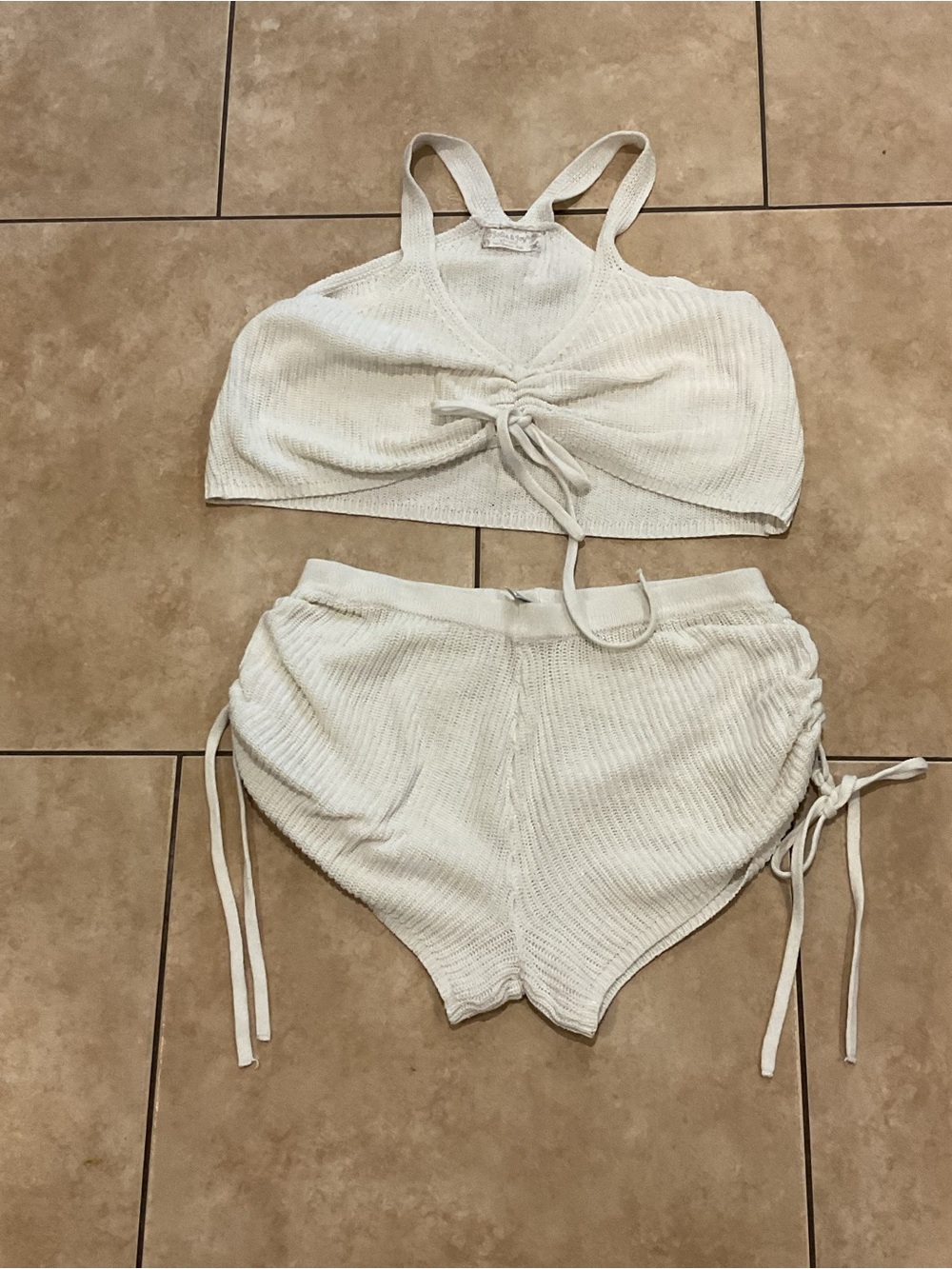 Ambiance Cream Ribbed Knit Lounge Set - Crop Tank & Tie-Shorts